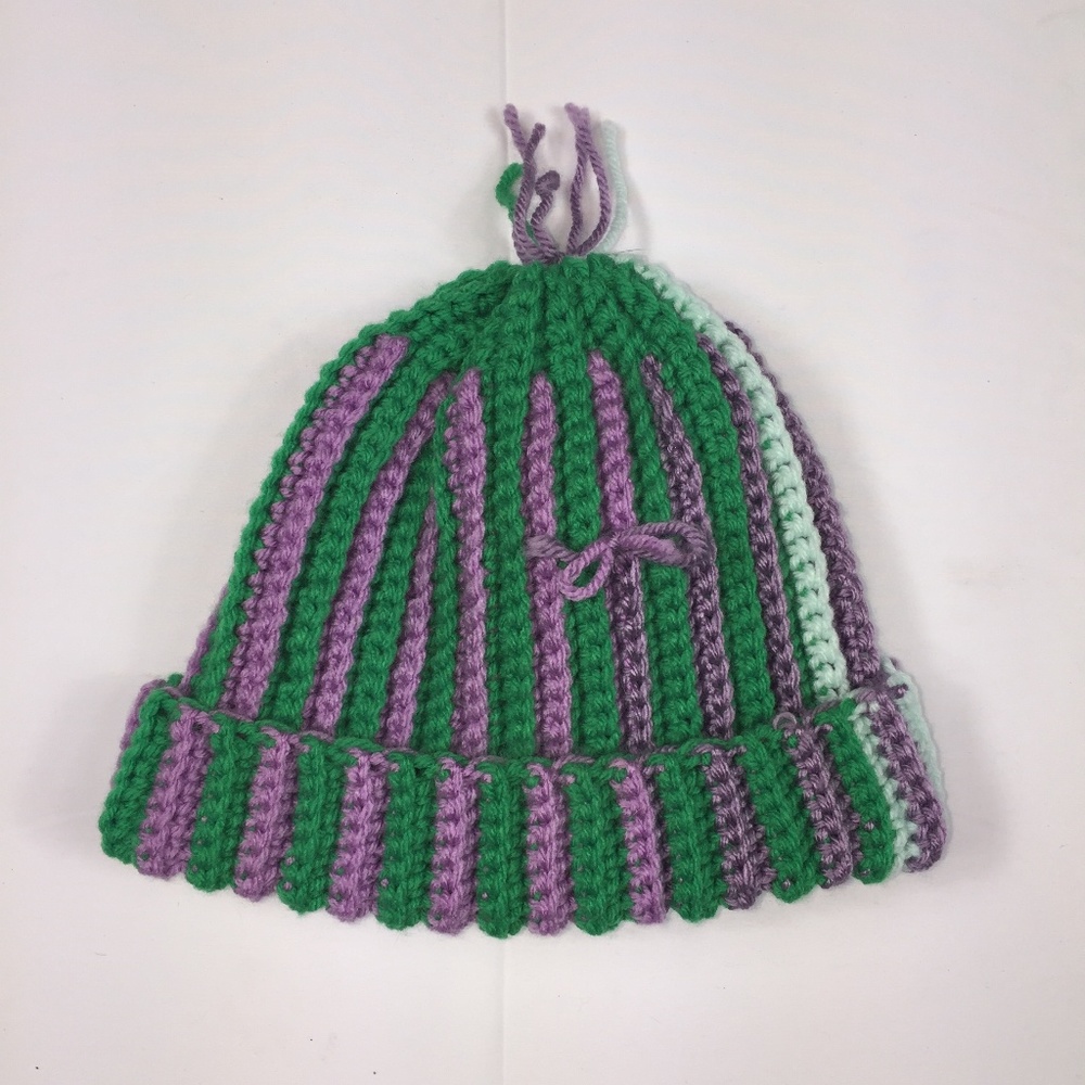 Homemade Green Purple Striped Crochet Beanie Hat